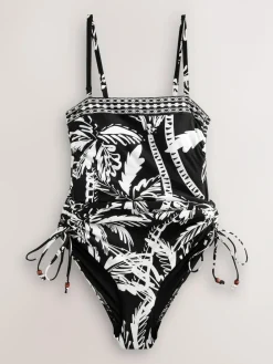 Sale Next Black/Cream Palm Bandeau Ruched Leg Tummy Control Shaping Swimsuit