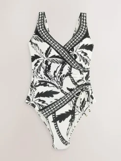 Next Black/Cream Palm Ruched Side Tummy Shaping Control Swimsuit^Women Swimwear