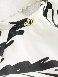 Next Black/Cream Palm Ruched Side Tummy Shaping Control Swimsuit^Women Swimwear