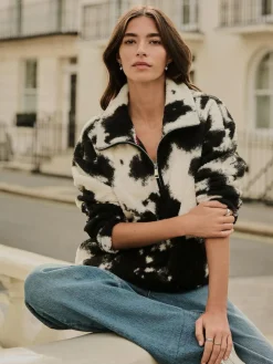 Next Black/Ecru Cow Print Soft Touch Cosy Teddy Borg Quarter Zip Fleece^Women Loungewear|Hoodies & Sweatshirts
