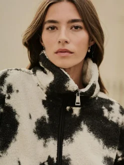 Next Black/Ecru Cow Print Soft Touch Cosy Teddy Borg Quarter Zip Fleece^Women Loungewear|Hoodies & Sweatshirts