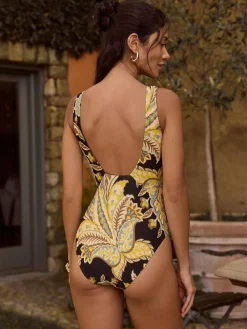 Next Black/Green Paisley Plunge Shaping Tummy Control Swimsuit^Women Swimwear