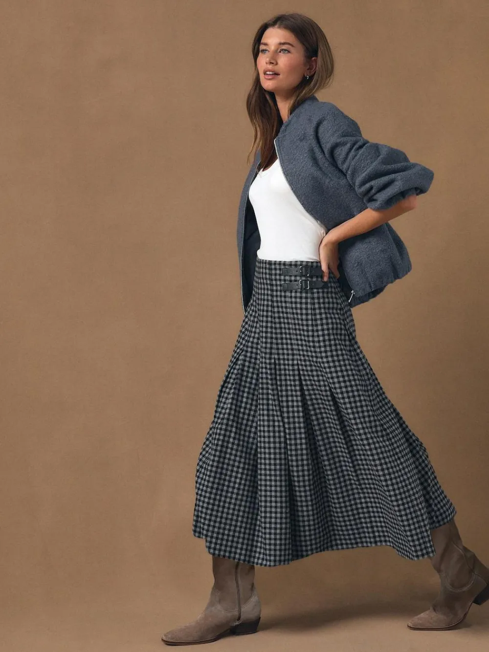 Clearance Next Black/Grey Gingham Midi Kilt Skirt