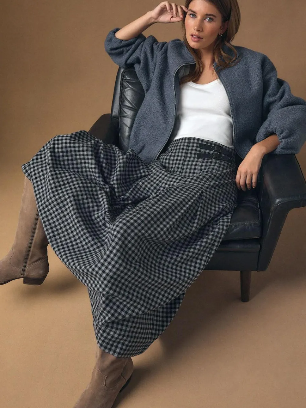 Clearance Next Black/Grey Gingham Midi Kilt Skirt