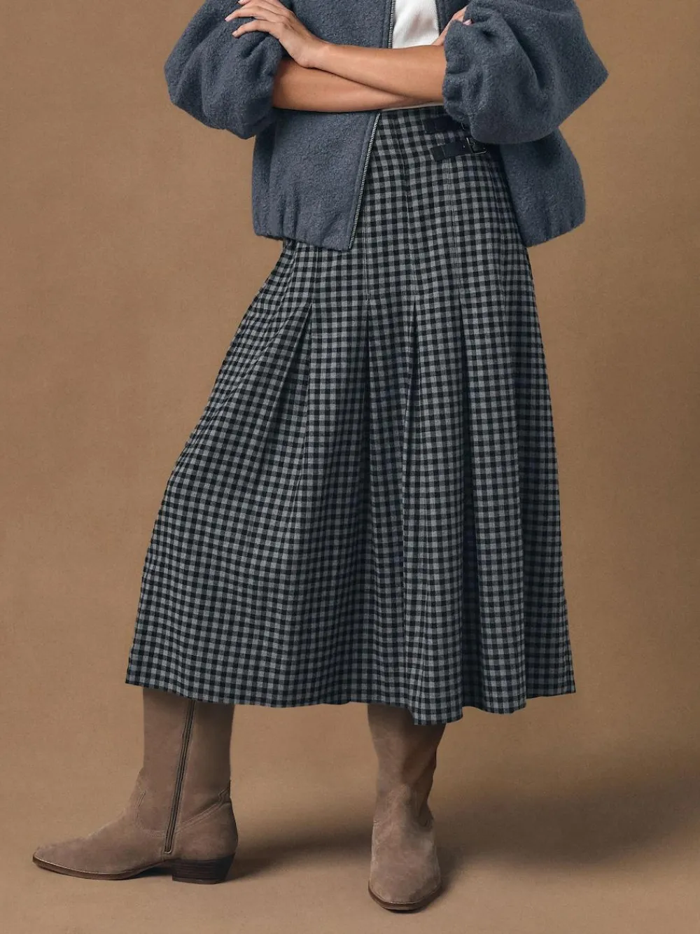 Clearance Next Black/Grey Gingham Midi Kilt Skirt