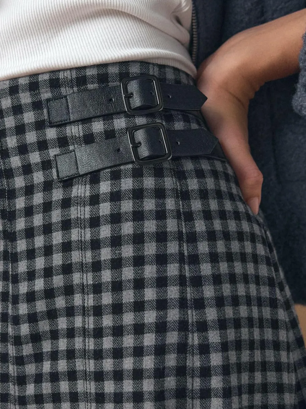 Clearance Next Black/Grey Gingham Midi Kilt Skirt