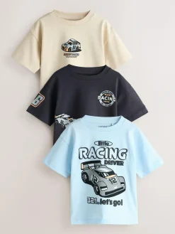 Next Black/Grey Race Car Short Sleeve Graphic T-Shirts 3 Pack (3mths-7yrs)^BOY Tops|T-Shirts