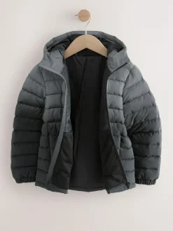 Online Next Black/Grey Reflective Quilted Midweight Hooded Jacket (3-16yrs)
