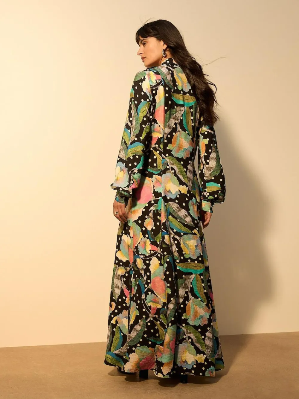 Online Next Printed Long Sleeve Shirt Dress Black/Multi Floral