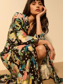 Online Next Printed Long Sleeve Shirt Dress Black/Multi Floral