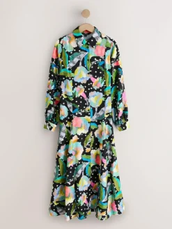 Online Next Printed Long Sleeve Shirt Dress Black/Multi Floral