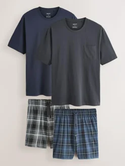Outlet Next Black/Navy Blue Check Short Sleeve Jersey Pyjamas Set 2 Pack