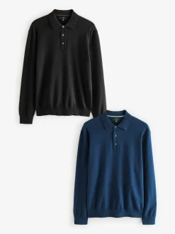 Online Next Regular Fit Knitted Long Sleeve Polo Shirts 2 Pack Black/Navy Blue