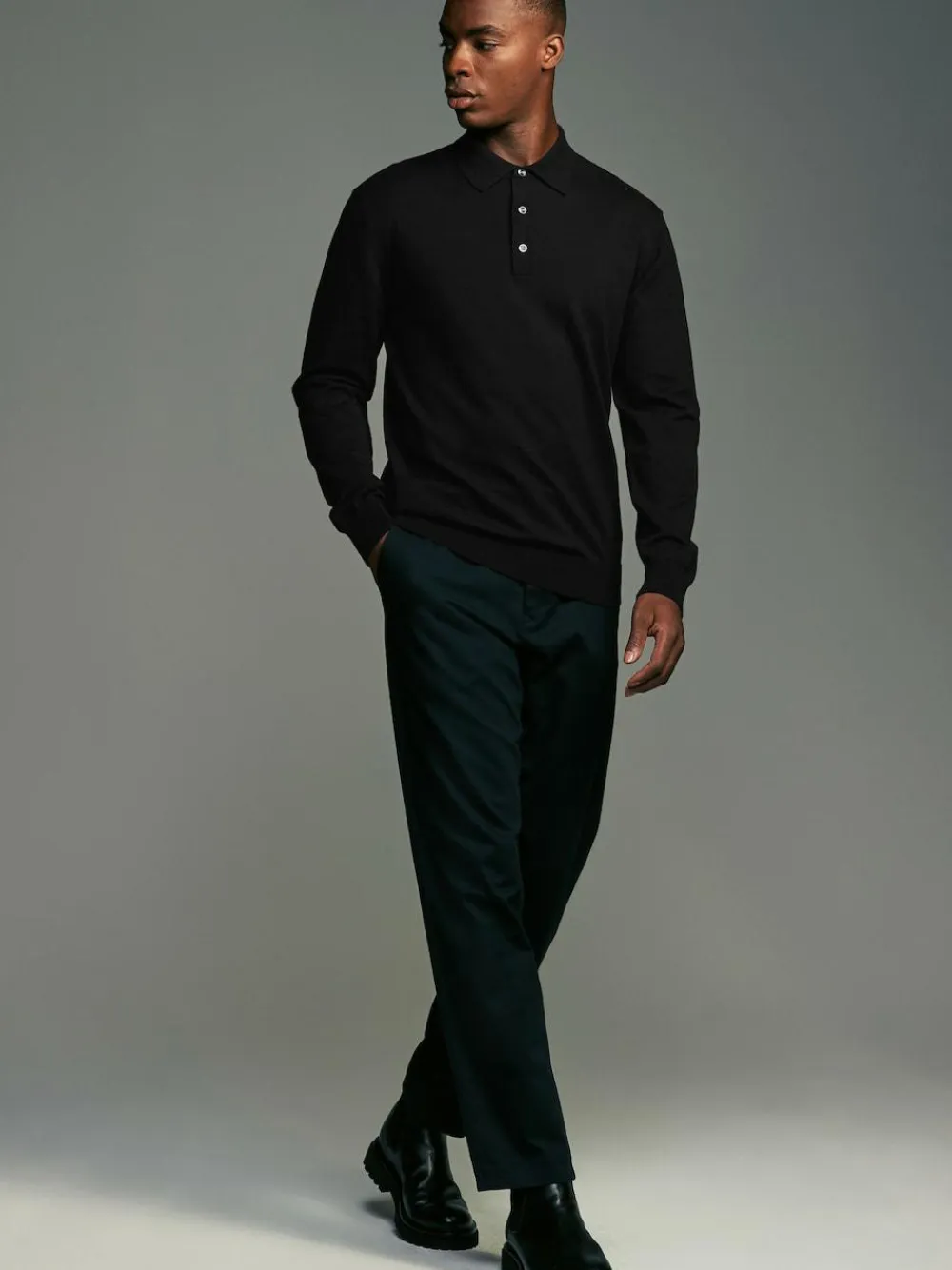 Online Next Regular Fit Knitted Long Sleeve Polo Shirts 2 Pack Black/Navy Blue