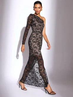 Discount Lipsy Black/Nude Petite Lace One Shoulder Bodycon Midaxi Dress