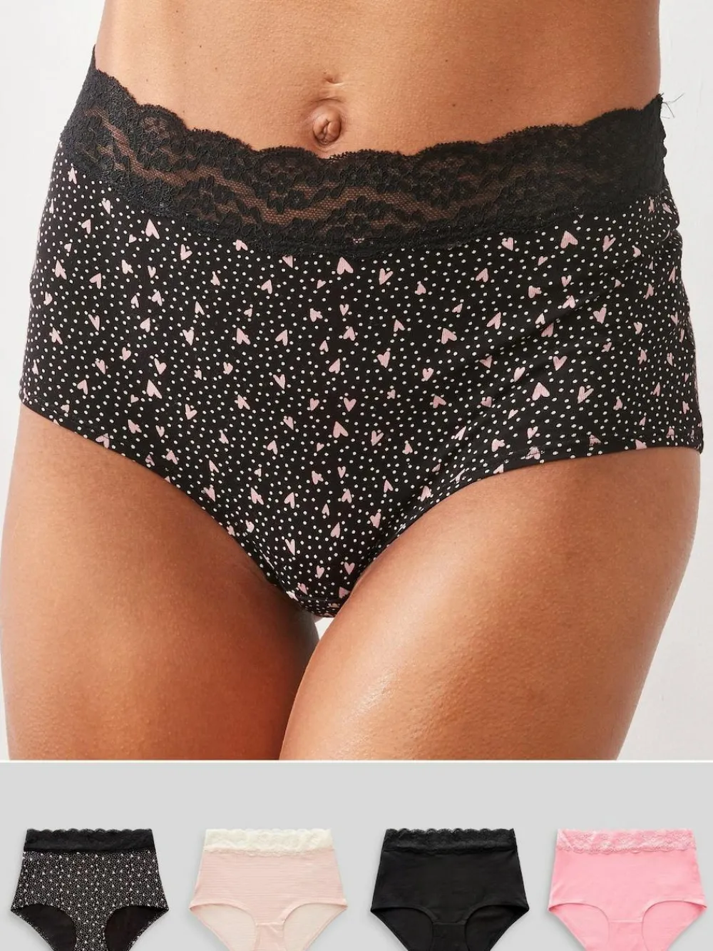 Next Black/Pink Heart Print Full Brief Cotton Lace Knickers 4 Pack^Women Panties
