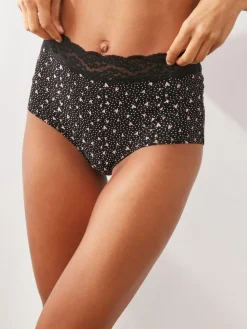 Next Black/Pink Heart Print Full Brief Cotton Lace Knickers 4 Pack^Women Panties
