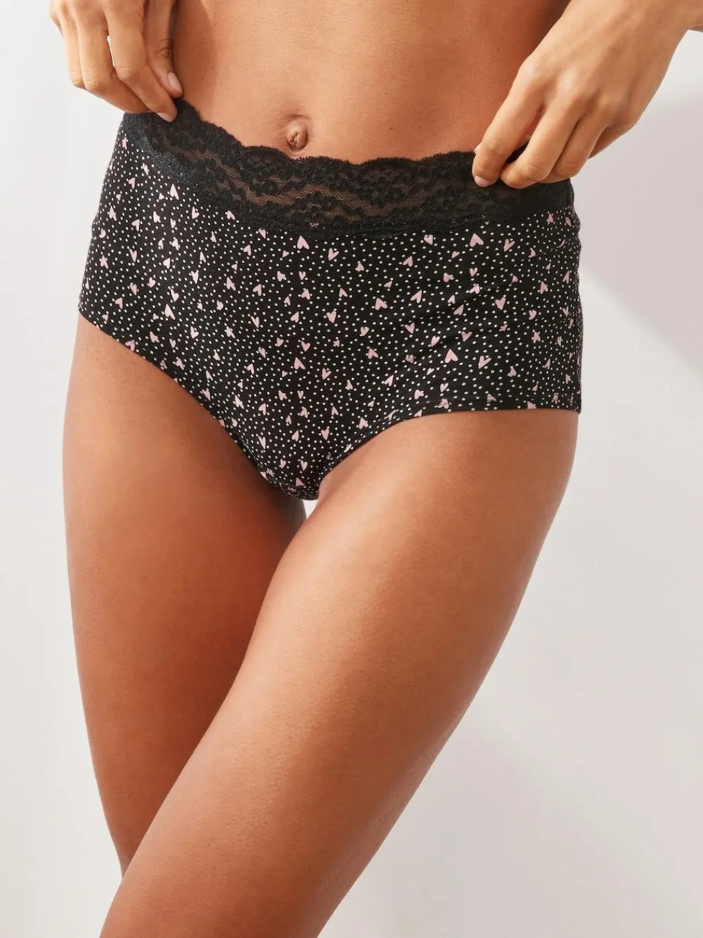 Next Black/Pink Heart Print Full Brief Cotton Lace Knickers 4 Pack^Women Panties