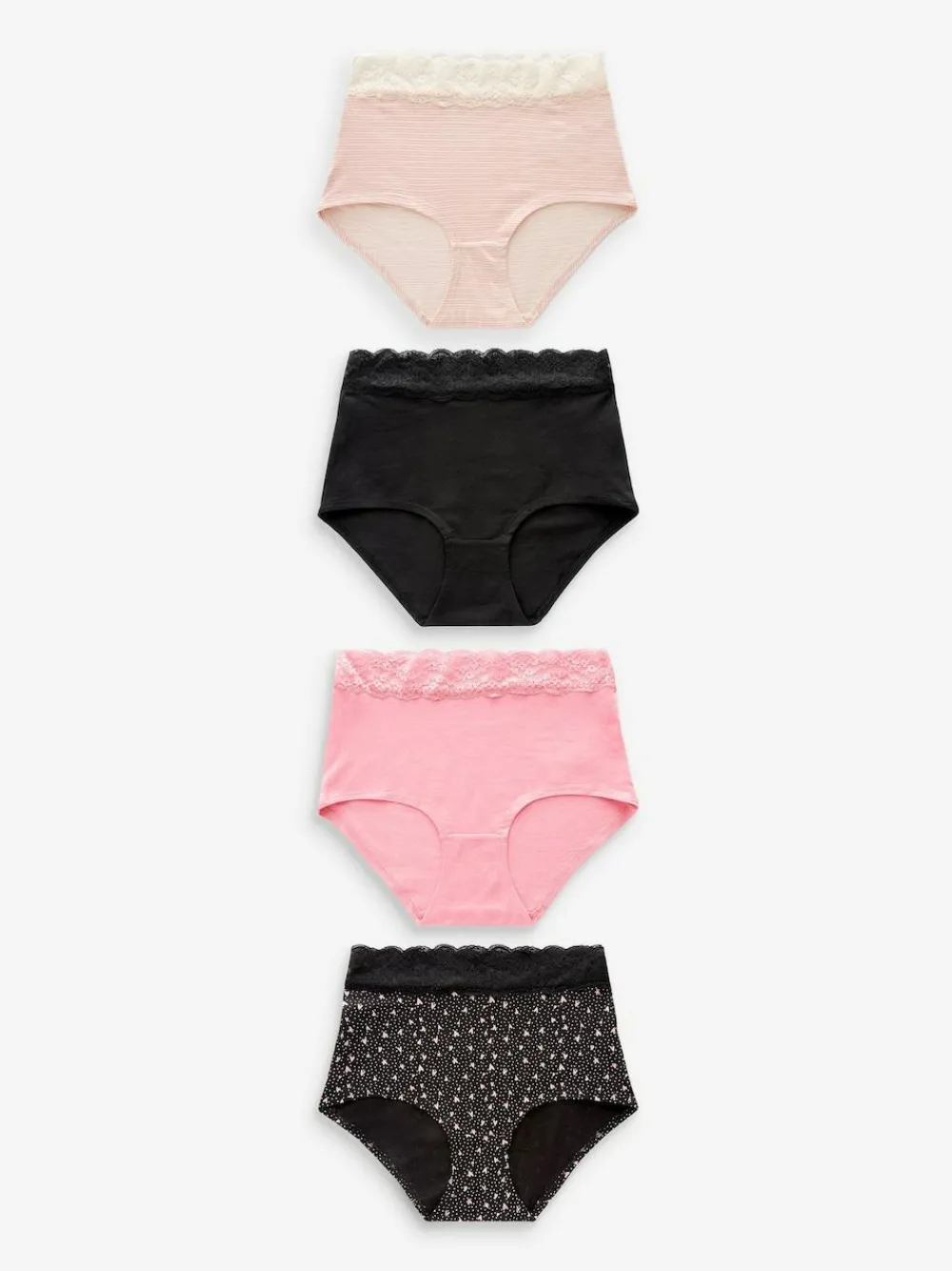 Next Black/Pink Heart Print Full Brief Cotton Lace Knickers 4 Pack^Women Panties
