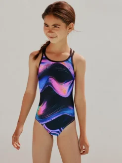 New Next Black/Pink/Purple Swirl Double Strap Swimsuit (3-16yrs)