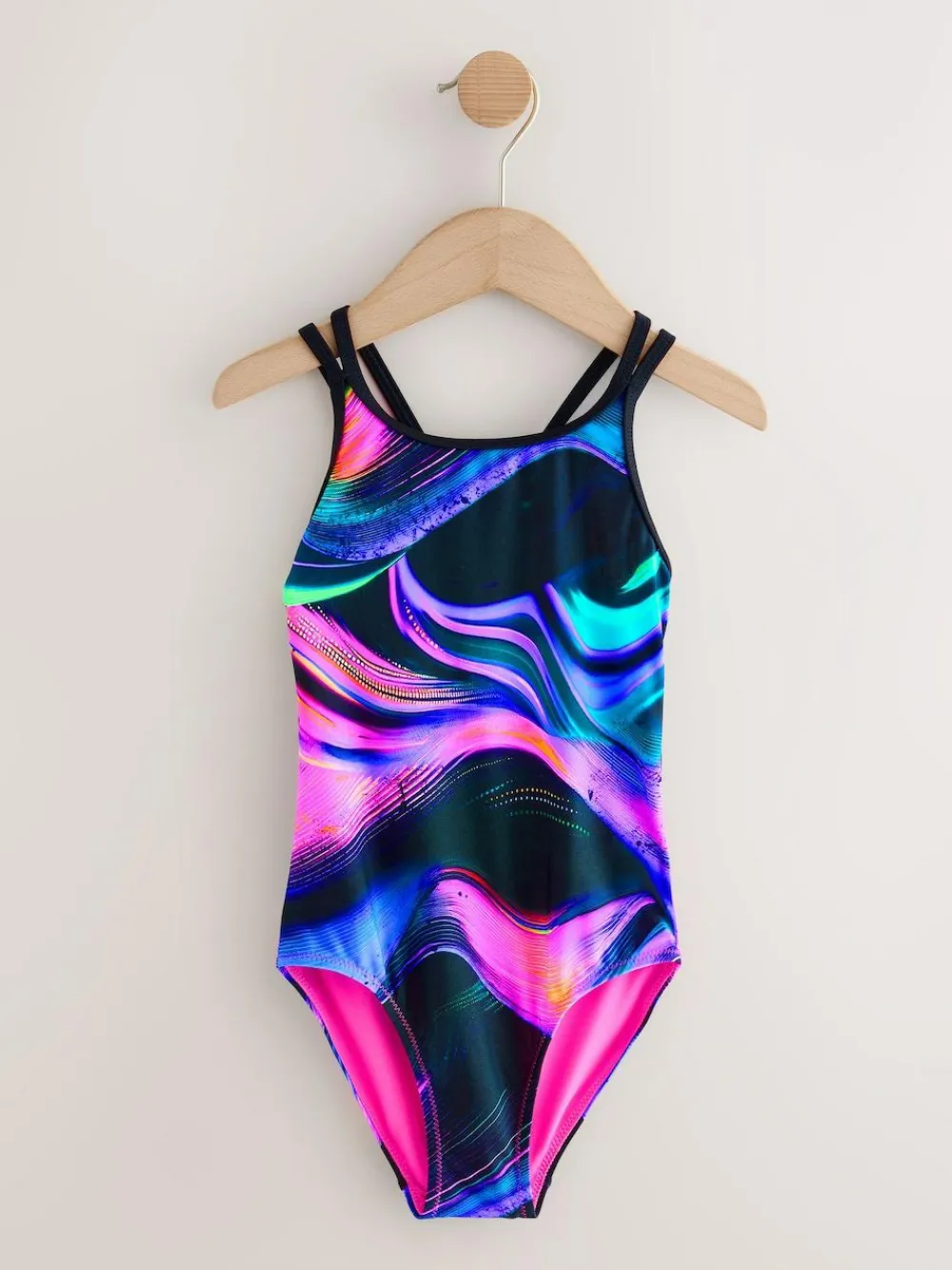 New Next Black/Pink/Purple Swirl Double Strap Swimsuit (3-16yrs)