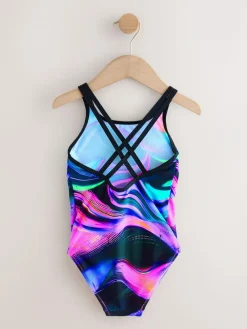 New Next Black/Pink/Purple Swirl Double Strap Swimsuit (3-16yrs)