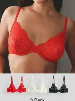 Sale Next Non Pad Full Cup Lace Bras 3 Pack Black/Red/Cream