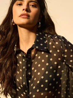 Online Next Sheer Long Sleeve Shirt Black/Sage Polka Dot