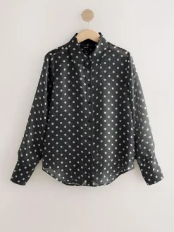 Online Next Sheer Long Sleeve Shirt Black/Sage Polka Dot
