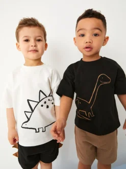 New Next Short Sleeve T-Shirt & Shorts Set 2 Pack (3mths-7yrs) (3mths-7yrs) Black/Tan Dinosaur