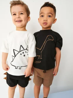 New Next Short Sleeve T-Shirt & Shorts Set 2 Pack (3mths-7yrs) (3mths-7yrs) Black/Tan Dinosaur