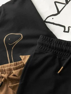 New Next Short Sleeve T-Shirt & Shorts Set 2 Pack (3mths-7yrs) (3mths-7yrs) Black/Tan Dinosaur