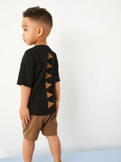 New Next Short Sleeve T-Shirt & Shorts Set 2 Pack (3mths-7yrs) (3mths-7yrs) Black/Tan Dinosaur