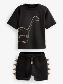 New Next Short Sleeve T-Shirt & Shorts Set 2 Pack (3mths-7yrs) (3mths-7yrs) Black/Tan Dinosaur