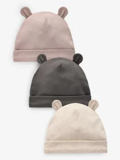 Next Black/White Bear Ear Beanie Baby Hats 3 Pack (0-18mths)^BOY Hats & Scratch Mitts|Newborn Accessories