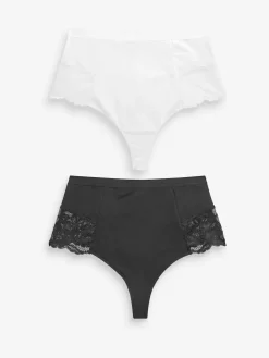 Next Black/White Cotton Tummy Control Shaping Thong Knickers 2 Pack^Women All Lingerie|Shapewear