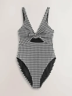 Next Black/White Crinkle Gingham Cutout Plunge Tummy Control Swimsuit^Women Swimwear