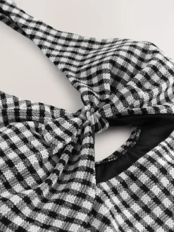 Next Black/White Crinkle Gingham Cutout Plunge Tummy Control Swimsuit^Women Swimwear