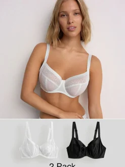 Online Next Black/White DD+ Non Pad Balcony Smoothing Animal Mesh Underwired With Side Support Bras 2 Pack