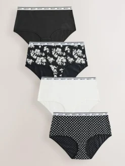 Next Black/White Floral Print Midi Cotton Logo Knickers 4 Pack^Women All Lingerie|Panties