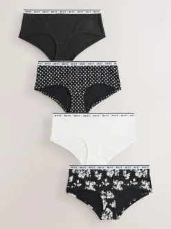 Next Short Cotton Logo Knickers 4 Pack Black/White Floral Print