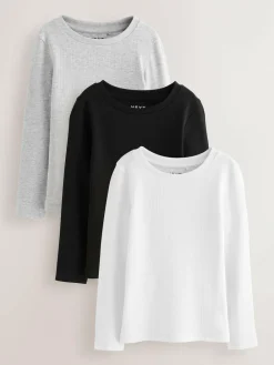 Next Black/White Long Sleeve Ribbed Tops 3 Pack (3-16yrs)^ Nightwear|T-Shirts