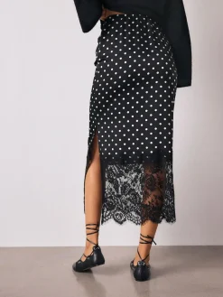 New Next Satin Midi Skirt With Lace Trim Black/White Spot
