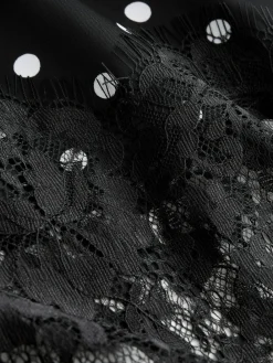 New Next Satin Midi Skirt With Lace Trim Black/White Spot