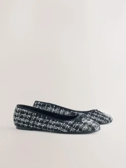 Next Black/White Tweed Standard/Wide Fit Round Toe Ballerina Shoes^Women Flats