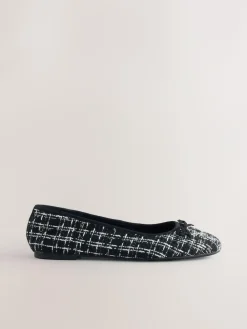 Next Black/White Tweed Standard/Wide Fit Round Toe Ballerina Shoes^Women Flats