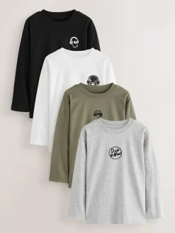 Best Next Long Sleeve Small Graphic T-Shirts 4 Pack (3-16yrs) Black/White/Grey Marl/Khaki