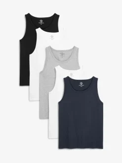 Outlet Next 100% Cotton Layering Vests 5 Pack Black/White/Grey Marl/Navy Blue