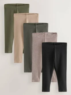 Hot Next Ribbed Leggings 5 Pack (3mths-7yrs) Black/White/Khaki Green