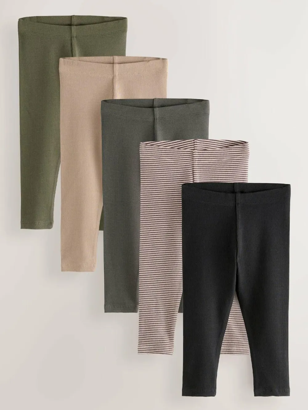 Hot Next Ribbed Leggings 5 Pack (3mths-7yrs) Black/White/Khaki Green